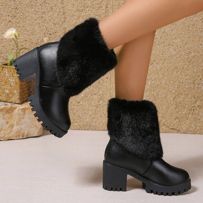 Fashion Winter Snow Boots Women's High Heel Short Boots with Thick Fleece Lining Warm Cotton Boots with Thick Chunky Heel Slip - Resistant Women's Boots - 𝐝𝐮𝐯𝐥𝐚𝐬𝐡𝐨𝐩.𝐜𝐨𝐦