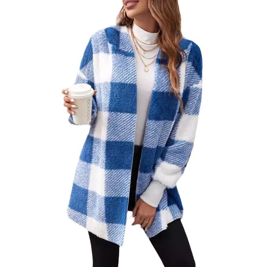 Fashionable Style Loose Plaid Color - Blocked Knitted Cardigan Women's Sweater - 𝐝𝐮𝐯𝐥𝐚𝐬𝐡𝐨𝐩.𝐜𝐨𝐦