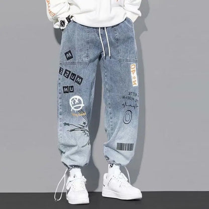 Korean Clothing Men Letter Printed Jeans High Waisted Baggy Jeans Cartoon Graffiti Hip - Hop Pants Blue Jeans - 𝐝𝐮𝐯𝐥𝐚𝐬𝐡𝐨𝐩.𝐜𝐨𝐦