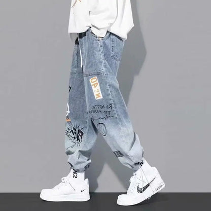 Korean Clothing Men Letter Printed Jeans High Waisted Baggy Jeans Cartoon Graffiti Hip - Hop Pants Blue Jeans - 𝐝𝐮𝐯𝐥𝐚𝐬𝐡𝐨𝐩.𝐜𝐨𝐦