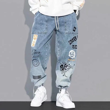 Korean Clothing Men Letter Printed Jeans High Waisted Baggy Jeans Cartoon Graffiti Hip - Hop Pants Blue Jeans - 𝐝𝐮𝐯𝐥𝐚𝐬𝐡𝐨𝐩.𝐜𝐨𝐦