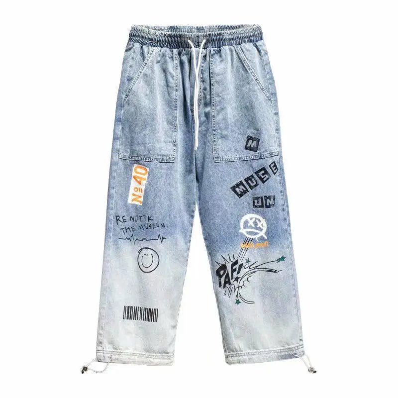 Korean Clothing Men Letter Printed Jeans High Waisted Baggy Jeans Cartoon Graffiti Hip - Hop Pants Blue Jeans - 𝐝𝐮𝐯𝐥𝐚𝐬𝐡𝐨𝐩.𝐜𝐨𝐦