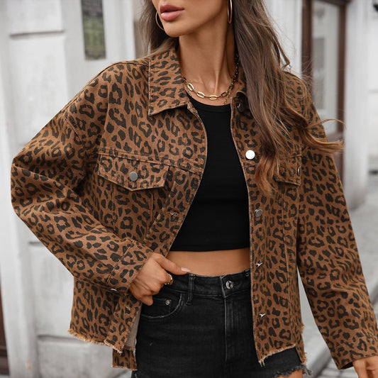 Loose Street Style Leopard Print Denim Short Jacket for Women - 𝐃𝐔𝐕𝐋𝐀𝐒𝐇𝐎𝐏