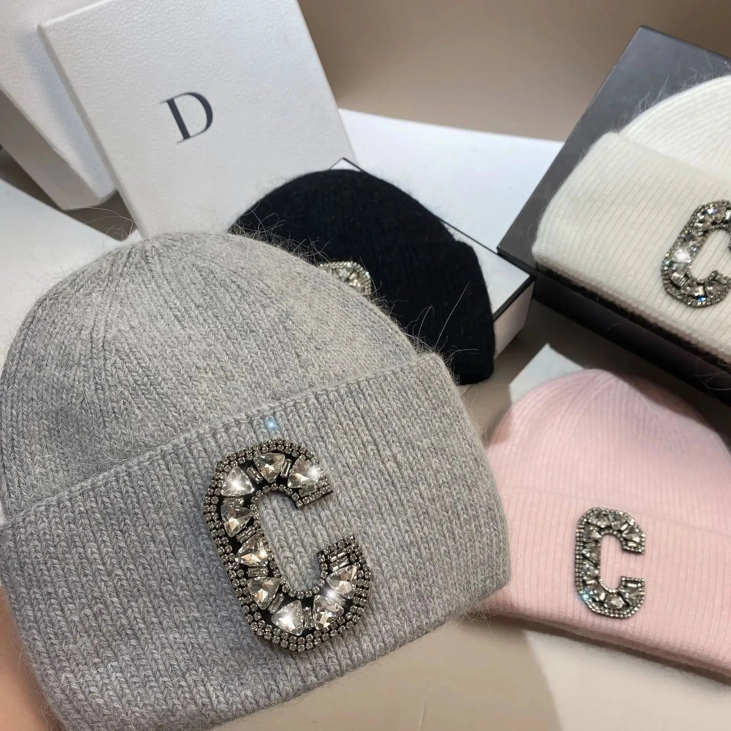 Luxury Rhinestone Letter C Knitted Hat Real Rabbit Fur Women Men Winter Warm Beanie Ear Protection Sking Skullies Beanies Cap - 𝐝𝐮𝐯𝐥𝐚𝐬𝐡𝐨𝐩.𝐜𝐨𝐦