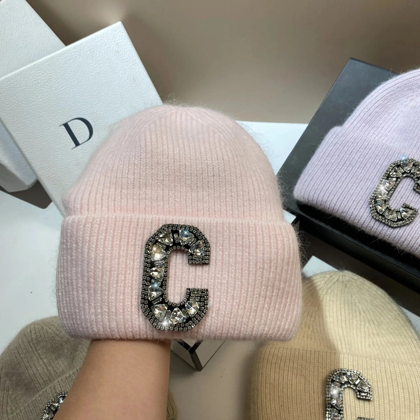 Luxury Rhinestone Letter C Knitted Hat Real Rabbit Fur Women Men Winter Warm Beanie Ear Protection Sking Skullies Beanies Cap - 𝐝𝐮𝐯𝐥𝐚𝐬𝐡𝐨𝐩.𝐜𝐨𝐦