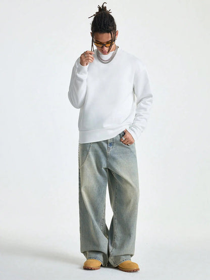 Manfinity EMRG Men's Light Blue Washed Retro Loose Wide Leg Jeans - 𝐃𝐔𝐕𝐋𝐀𝐒𝐇𝐎𝐏