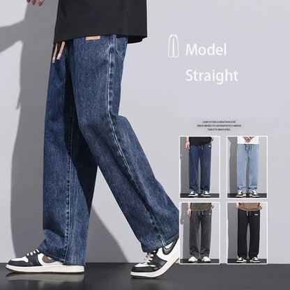 Men Dark Blue Blue Stretch Elastic Waist Denim Pants Streetwear Loose Full Length Trousers Straight Wide Leg Drawstring Jeans - 𝐃𝐔𝐕𝐋𝐀𝐒𝐇𝐎𝐏