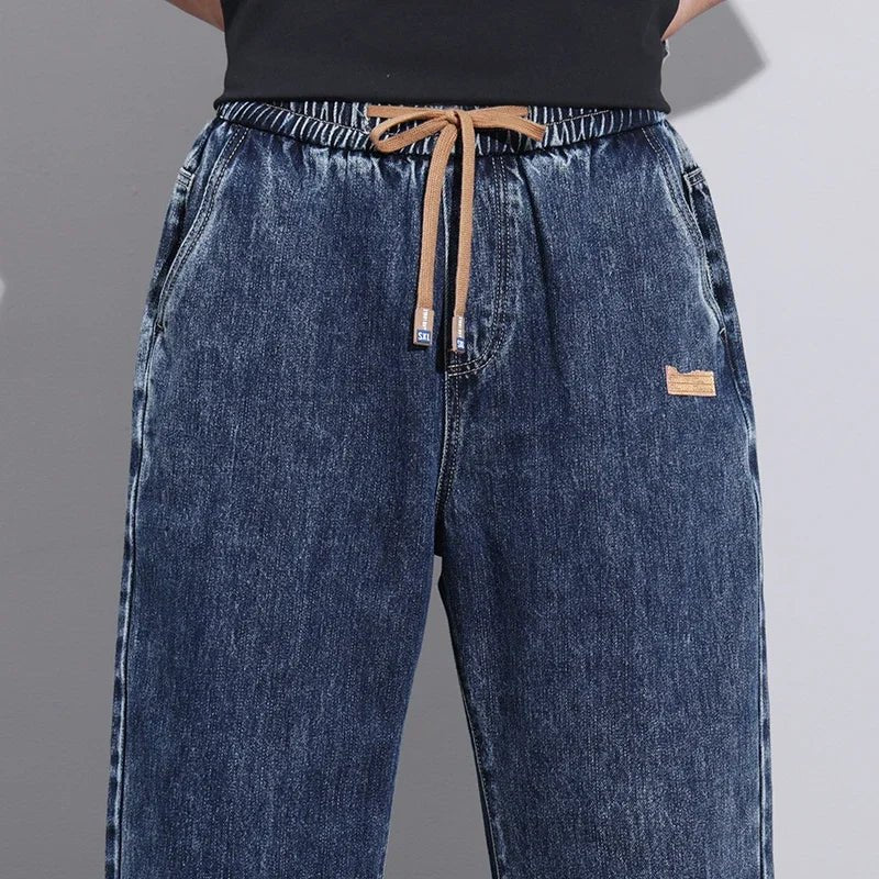 Men Dark Blue Blue Stretch Elastic Waist Denim Pants Streetwear Loose Full Length Trousers Straight Wide Leg Drawstring Jeans - 𝐝𝐮𝐯𝐥𝐚𝐬𝐡𝐨𝐩.𝐜𝐨𝐦