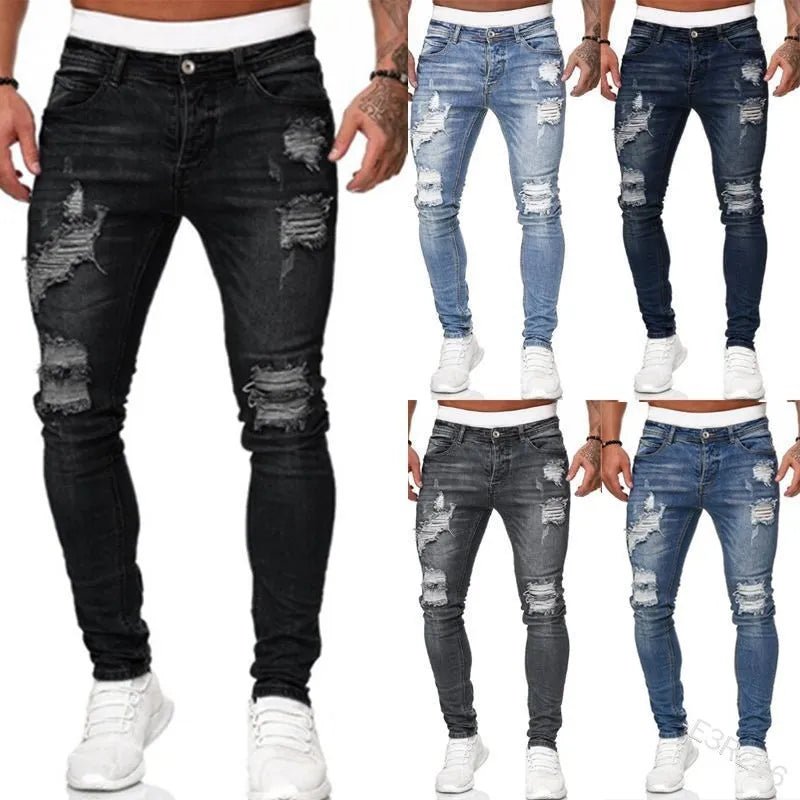 Men Jeans Knee Hole Ripped Stretch Skinny Denim Pants Solid Color Black Blue Autumn Summer Hip - Hop Style Slim Fit Trousers S - 4XL - 𝐝𝐮𝐯𝐥𝐚𝐬𝐡𝐨𝐩.𝐜𝐨𝐦