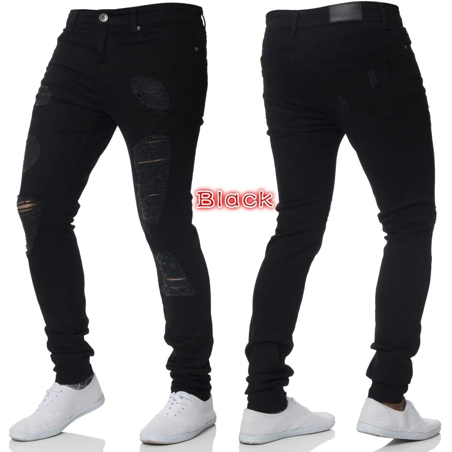 Men Jeans Knee Hole Ripped Stretch Skinny Denim Pants Solid Color Black Blue Autumn Summer Hip - Hop Style Slim Fit Trousers S - 4XL - 𝐃𝐔𝐕𝐋𝐀𝐒𝐇𝐎𝐏