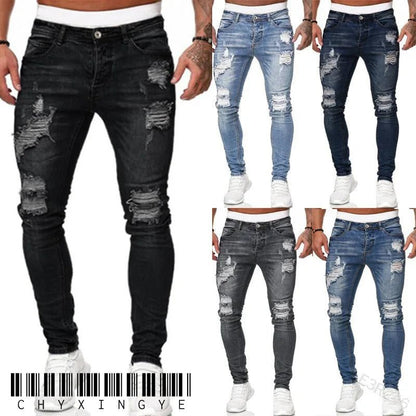 Men Jeans Knee Hole Ripped Stretch Skinny Denim Pants Solid Color Black Blue Autumn Summer Hip - Hop Style Slim Fit Trousers S - 4XL - 𝐃𝐔𝐕𝐋𝐀𝐒𝐇𝐎𝐏