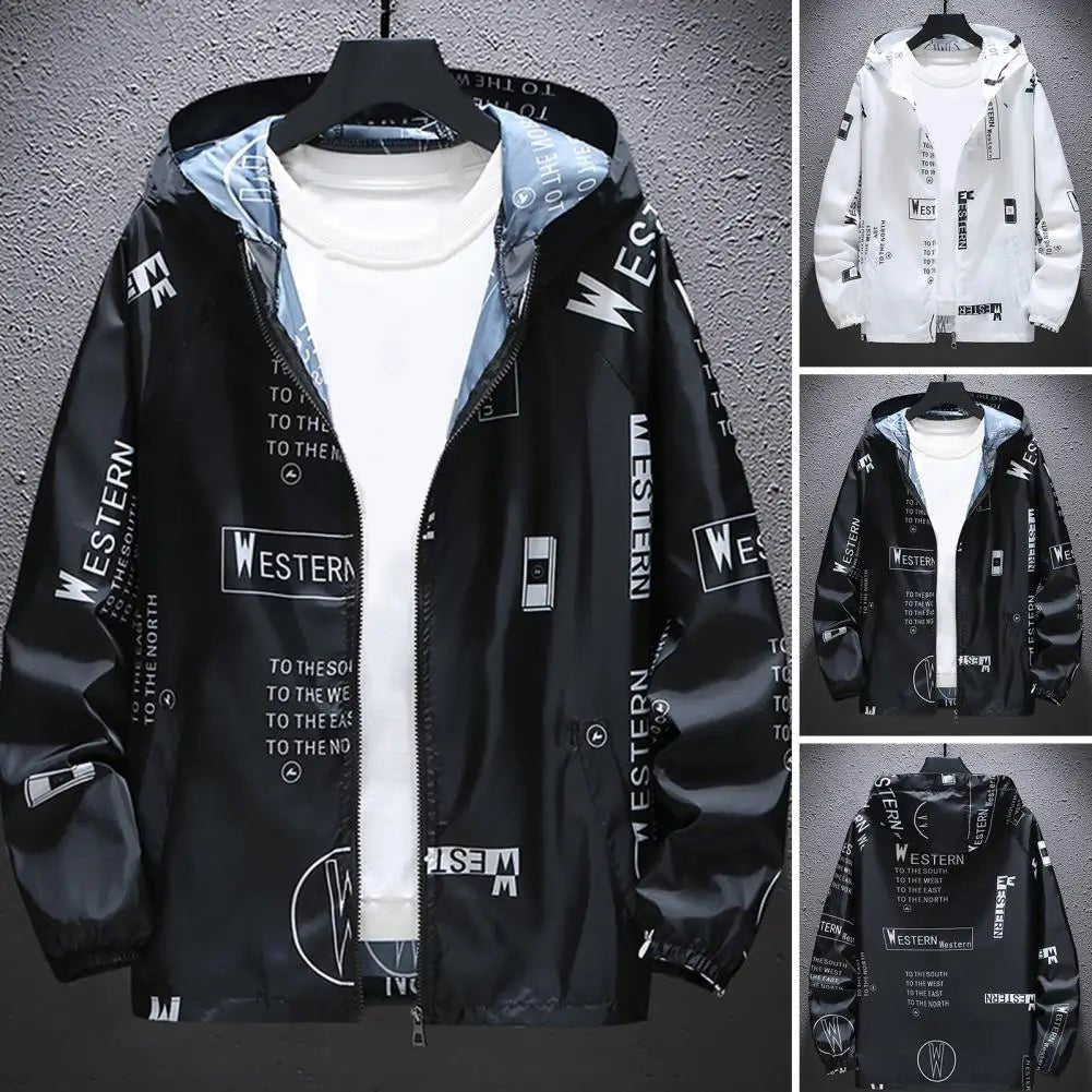 Men Windbreakers Hooded Jacket Zipper Closure Anti - UV Breathable Windproof Elastic Cuff Letter Print Cool Coat Male Outerwear - 𝐃𝐔𝐕𝐋𝐀𝐒𝐇𝐎𝐏