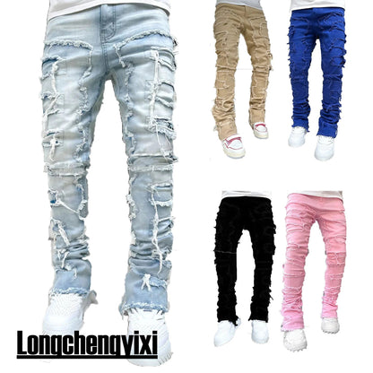 Men's Regular Fit Stacked Jeans Ripped Slim Fit Patch Distressed Destroyed Straight Denim Pants Hip Hop Streetwear Trouser Cloth - 𝐝𝐮𝐯𝐥𝐚𝐬𝐡𝐨𝐩.𝐜𝐨𝐦