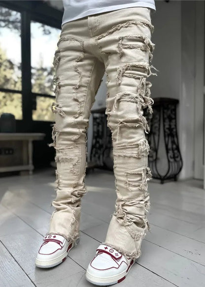 Men's Regular Fit Stacked Jeans Ripped Slim Fit Patch Distressed Destroyed Straight Denim Pants Hip Hop Streetwear Trouser Cloth - 𝐝𝐮𝐯𝐥𝐚𝐬𝐡𝐨𝐩.𝐜𝐨𝐦