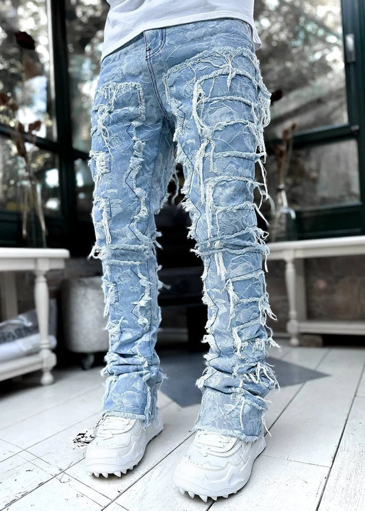 Men's Regular Fit Stacked Jeans Ripped Slim Fit Patch Distressed Destroyed Straight Denim Pants Hip Hop Streetwear Trouser Cloth - 𝐝𝐮𝐯𝐥𝐚𝐬𝐡𝐨𝐩.𝐜𝐨𝐦