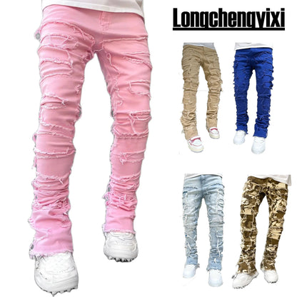 Men's Regular Fit Stacked Jeans Ripped Slim Fit Patch Distressed Destroyed Straight Denim Pants Hip Hop Streetwear Trouser Cloth - 𝐝𝐮𝐯𝐥𝐚𝐬𝐡𝐨𝐩.𝐜𝐨𝐦