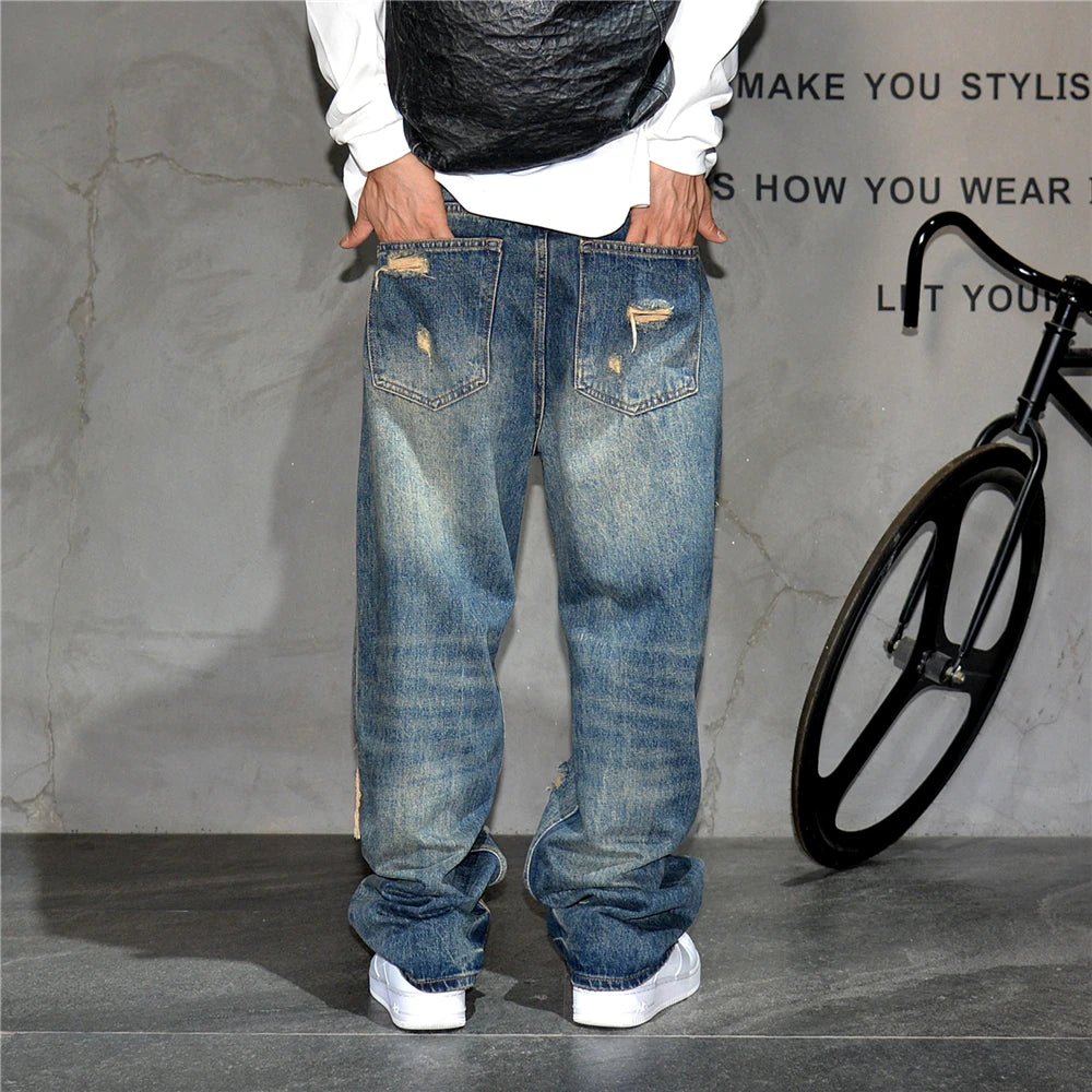 Mens Ripped Baggy Jeans Distressed Denim Streetwear Skateboard Pants Straight Leg Patchwork Oversized Urban Fashion Workwear - 𝐃𝐔𝐕𝐋𝐀𝐒𝐇𝐎𝐏