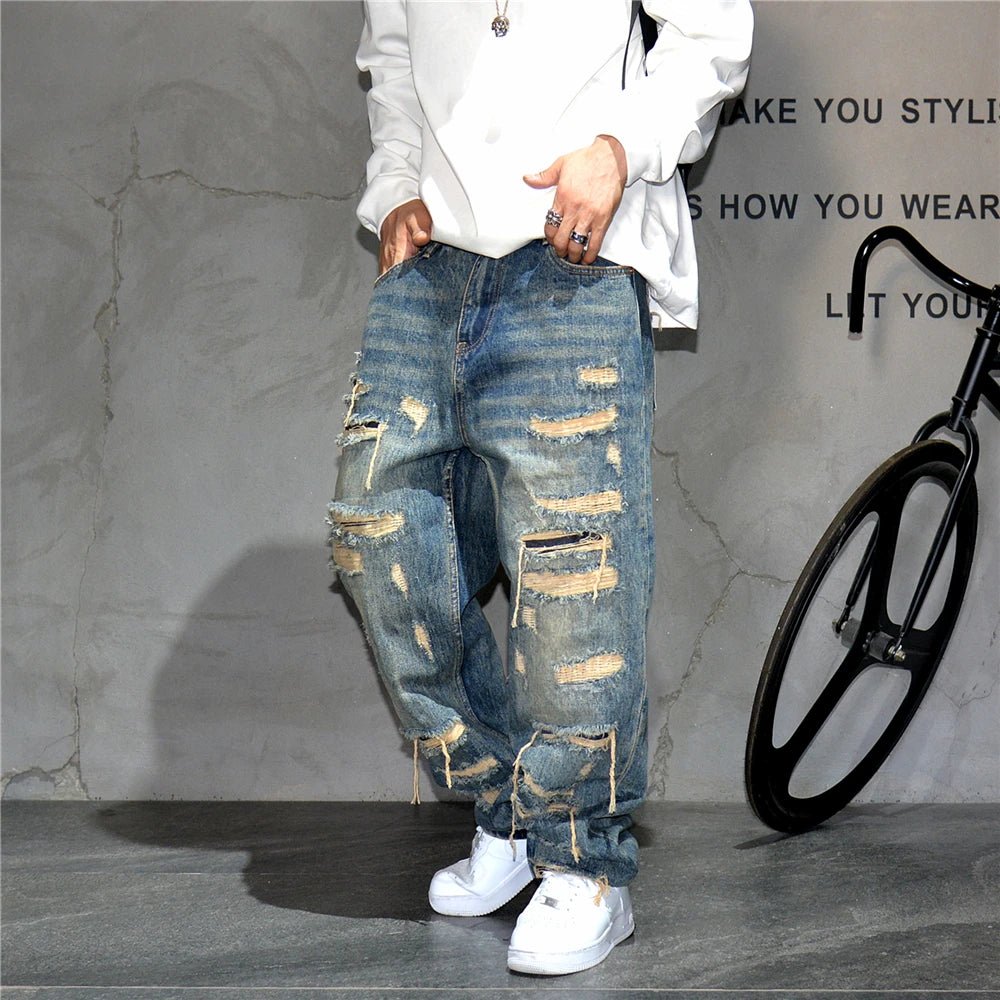 Mens Ripped Baggy Jeans Distressed Denim Streetwear Skateboard Pants Straight Leg Patchwork Oversized Urban Fashion Workwear - 𝐃𝐔𝐕𝐋𝐀𝐒𝐇𝐎𝐏