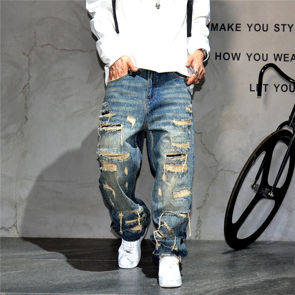 Mens Ripped Baggy Jeans Distressed Denim Streetwear Skateboard Pants Straight Leg Patchwork Oversized Urban Fashion Workwear - 𝐝𝐮𝐯𝐥𝐚𝐬𝐡𝐨𝐩.𝐜𝐨𝐦