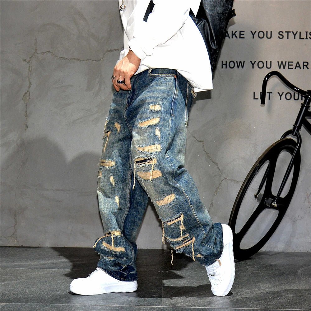 Mens Ripped Baggy Jeans Distressed Denim Streetwear Skateboard Pants Straight Leg Patchwork Oversized Urban Fashion Workwear - 𝐃𝐔𝐕𝐋𝐀𝐒𝐇𝐎𝐏
