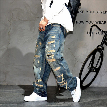 Mens Ripped Baggy Jeans Distressed Denim Streetwear Skateboard Pants Straight Leg Patchwork Oversized Urban Fashion Workwear - 𝐃𝐔𝐕𝐋𝐀𝐒𝐇𝐎𝐏