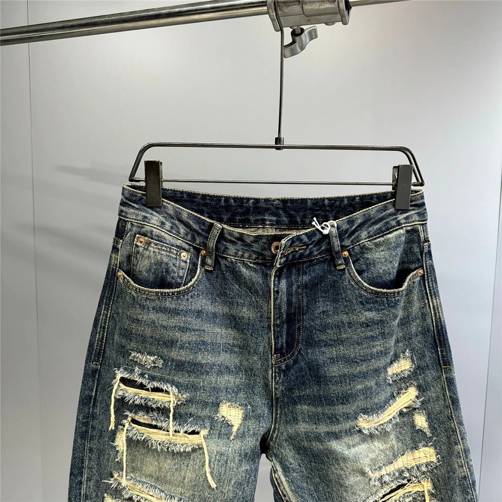 Mens Ripped Baggy Jeans Distressed Denim Streetwear Skateboard Pants Straight Leg Patchwork Oversized Urban Fashion Workwear - 𝐃𝐔𝐕𝐋𝐀𝐒𝐇𝐎𝐏