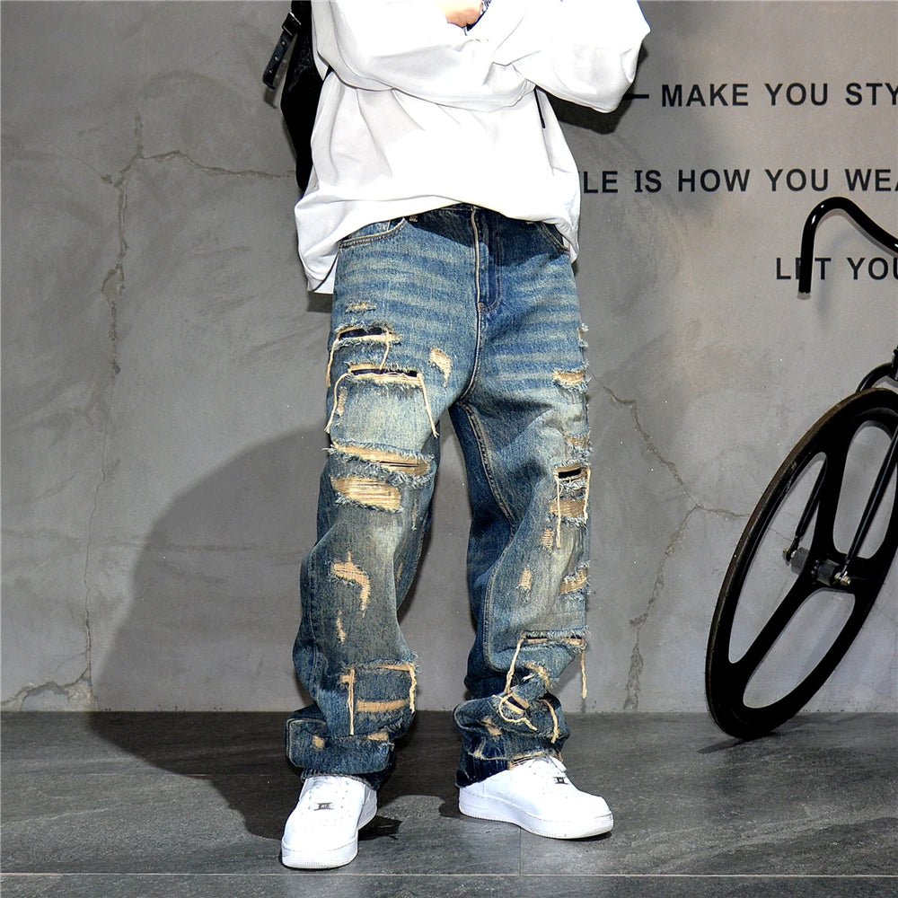 Mens Ripped Baggy Jeans Distressed Denim Streetwear Skateboard Pants Straight Leg Patchwork Oversized Urban Fashion Workwear - 𝐝𝐮𝐯𝐥𝐚𝐬𝐡𝐨𝐩.𝐜𝐨𝐦