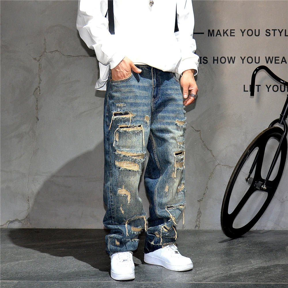 Mens Ripped Baggy Jeans Distressed Denim Streetwear Skateboard Pants Straight Leg Patchwork Oversized Urban Fashion Workwear - 𝐝𝐮𝐯𝐥𝐚𝐬𝐡𝐨𝐩.𝐜𝐨𝐦