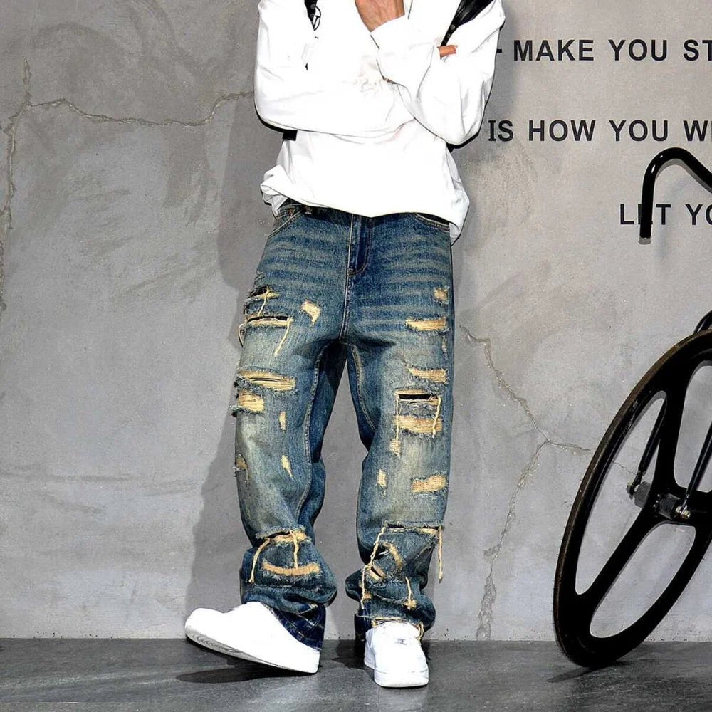 Mens Ripped Baggy Jeans Distressed Denim Streetwear Skateboard Pants Straight Leg Patchwork Oversized Urban Fashion Workwear - 𝐝𝐮𝐯𝐥𝐚𝐬𝐡𝐨𝐩.𝐜𝐨𝐦
