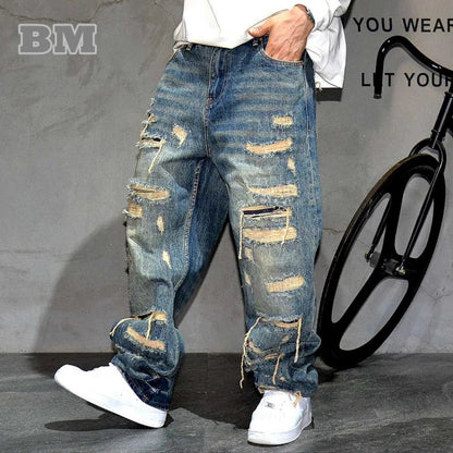 Mens Ripped Baggy Jeans Distressed Denim Streetwear Skateboard Pants Straight Leg Patchwork Oversized Urban Fashion Workwear - 𝐃𝐔𝐕𝐋𝐀𝐒𝐇𝐎𝐏