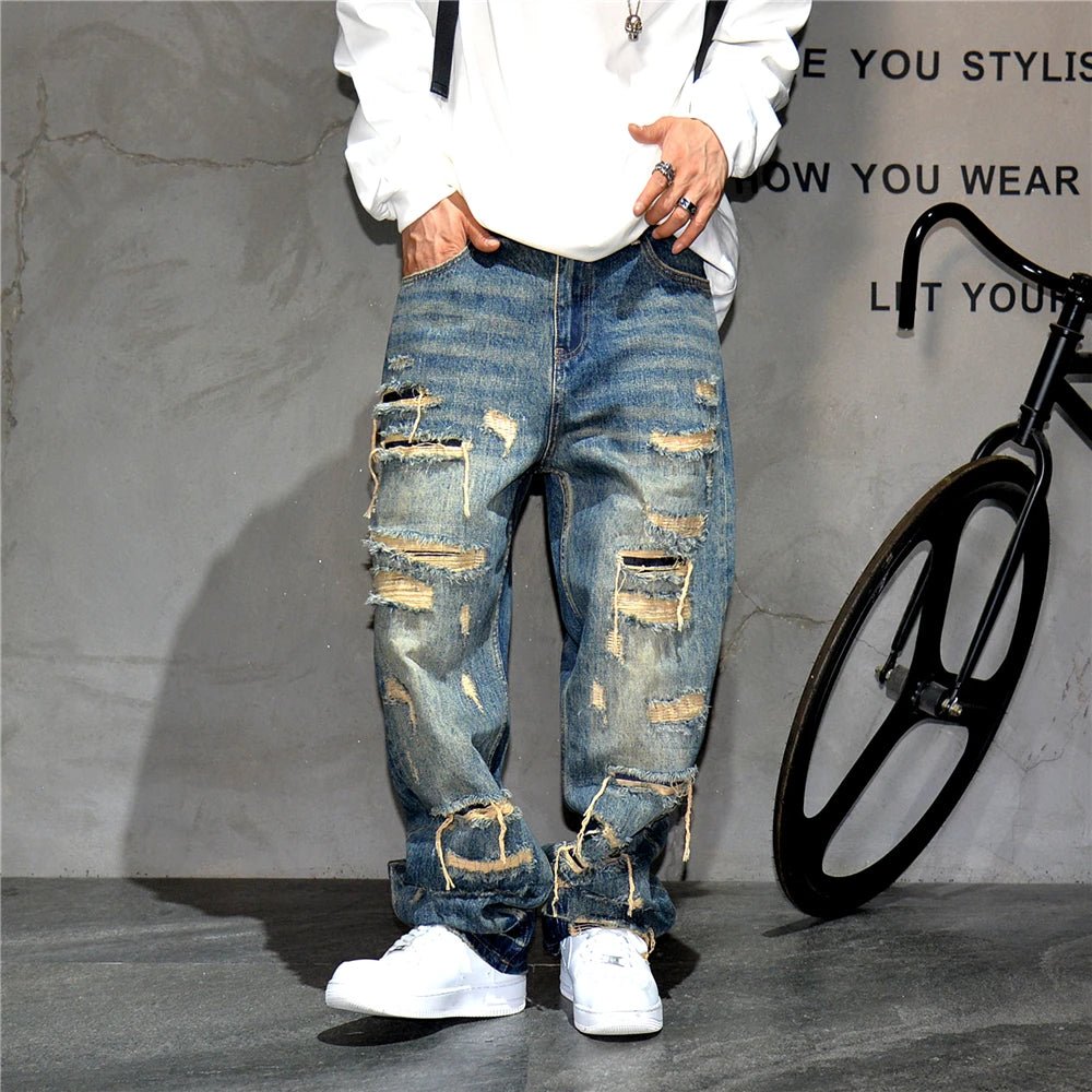 Mens Ripped Baggy Jeans Distressed Denim Streetwear Skateboard Pants Straight Leg Patchwork Oversized Urban Fashion Workwear - 𝐝𝐮𝐯𝐥𝐚𝐬𝐡𝐨𝐩.𝐜𝐨𝐦