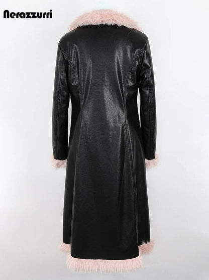 Nerazzurri Winter Long Black Fitted Thick Warm Pu Leather Coat Women with Pink Hairy Shaggy Fluffy Faux Fur Inside Runway Parka - 𝐃𝐔𝐕𝐋𝐀𝐒𝐇𝐎𝐏