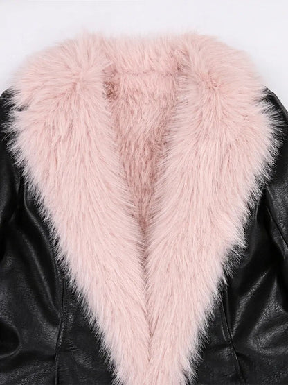 Nerazzurri Winter Long Black Fitted Thick Warm Pu Leather Coat Women with Pink Hairy Shaggy Fluffy Faux Fur Inside Runway Parka - 𝐃𝐔𝐕𝐋𝐀𝐒𝐇𝐎𝐏