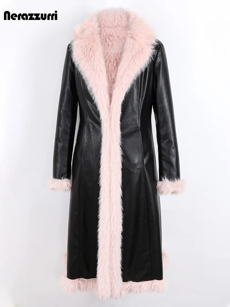 Nerazzurri Winter Long Black Fitted Thick Warm Pu Leather Coat Women with Pink Hairy Shaggy Fluffy Faux Fur Inside Runway Parka - 𝐃𝐔𝐕𝐋𝐀𝐒𝐇𝐎𝐏