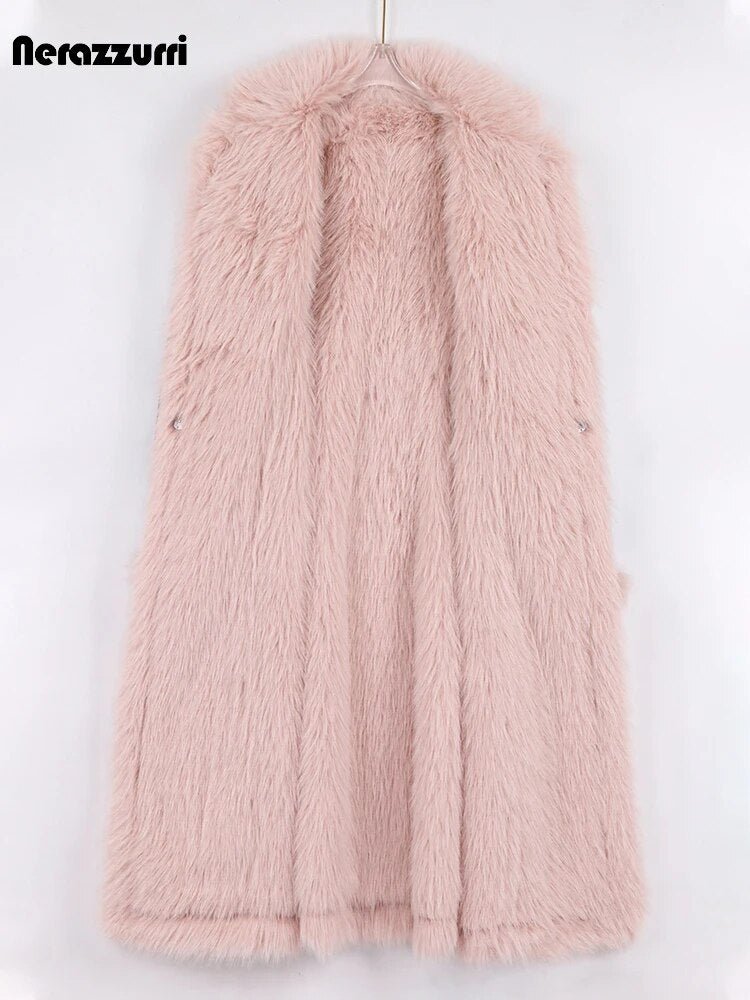 Nerazzurri Winter Long Black Fitted Thick Warm Pu Leather Coat Women with Pink Hairy Shaggy Fluffy Faux Fur Inside Runway Parka - 𝐃𝐔𝐕𝐋𝐀𝐒𝐇𝐎𝐏