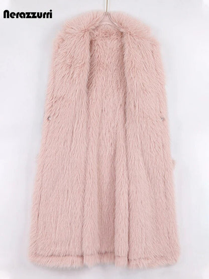 Nerazzurri Winter Long Black Fitted Thick Warm Pu Leather Coat Women with Pink Hairy Shaggy Fluffy Faux Fur Inside Runway Parka - 𝐃𝐔𝐕𝐋𝐀𝐒𝐇𝐎𝐏