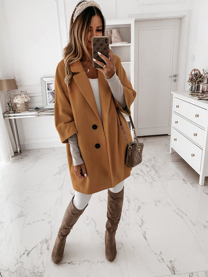 New Autumn And Winter Three Quarter Sleeve Button Lapel Pocket Woolen Coat Women - 𝐃𝐔𝐕𝐋𝐀𝐒𝐇𝐎𝐏
