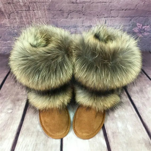 New Fashion Big Fox Fur Woman Snow Boots Lady Winter Boots Genuine Cowhide Leather Mid - calf Warm Boots Women Boots Shoes - 𝐝𝐮𝐯𝐥𝐚𝐬𝐡𝐨𝐩.𝐜𝐨𝐦