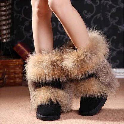 New Fashion Big Fox Fur Woman Snow Boots Lady Winter Boots Genuine Cowhide Leather Mid - calf Warm Boots Women Boots Shoes - 𝐝𝐮𝐯𝐥𝐚𝐬𝐡𝐨𝐩.𝐜𝐨𝐦