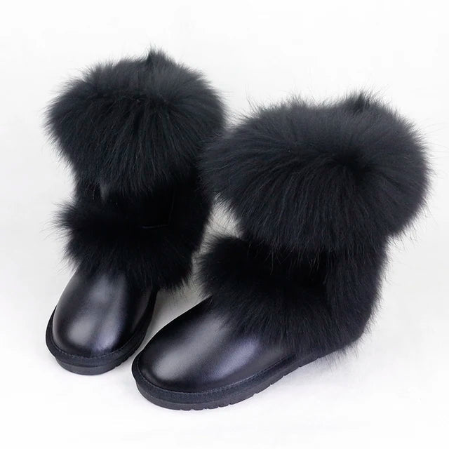 New Fashion Big Fox Fur Woman Snow Boots Lady Winter Boots Genuine Cowhide Leather Mid - calf Warm Boots Women Boots Shoes - 𝐝𝐮𝐯𝐥𝐚𝐬𝐡𝐨𝐩.𝐜𝐨𝐦