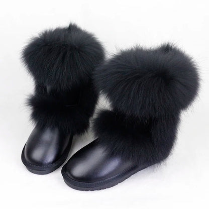 New Fashion Big Fox Fur Woman Snow Boots Lady Winter Boots Genuine Cowhide Leather Mid - calf Warm Boots Women Boots Shoes - 𝐝𝐮𝐯𝐥𝐚𝐬𝐡𝐨𝐩.𝐜𝐨𝐦