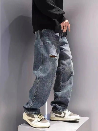 New Men's Ripped Jeans Baggy Straight Fashion Vintage Blue Denim Pants Personality Streetwear Hip Hop High Quality Male Trousers - 𝐃𝐔𝐕𝐋𝐀𝐒𝐇𝐎𝐏