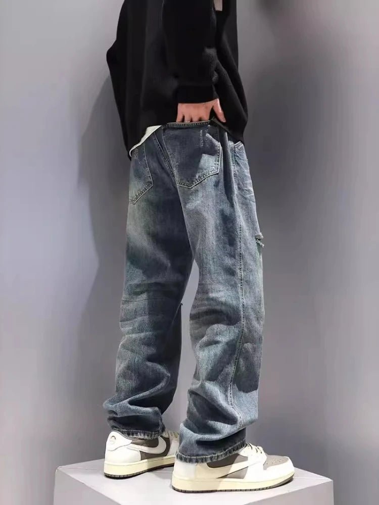 New Men's Ripped Jeans Baggy Straight Fashion Vintage Blue Denim Pants Personality Streetwear Hip Hop High Quality Male Trousers - 𝐃𝐔𝐕𝐋𝐀𝐒𝐇𝐎𝐏