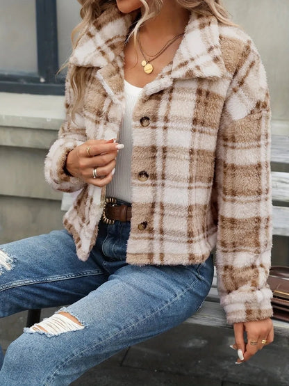 Plaid Button Up Collared Neck Long Sleeve Jacket - 𝐃𝐔𝐕𝐋𝐀𝐒𝐇𝐎𝐏