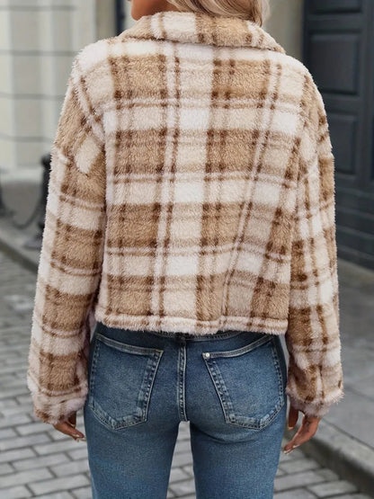 Plaid Button Up Collared Neck Long Sleeve Jacket - 𝐃𝐔𝐕𝐋𝐀𝐒𝐇𝐎𝐏