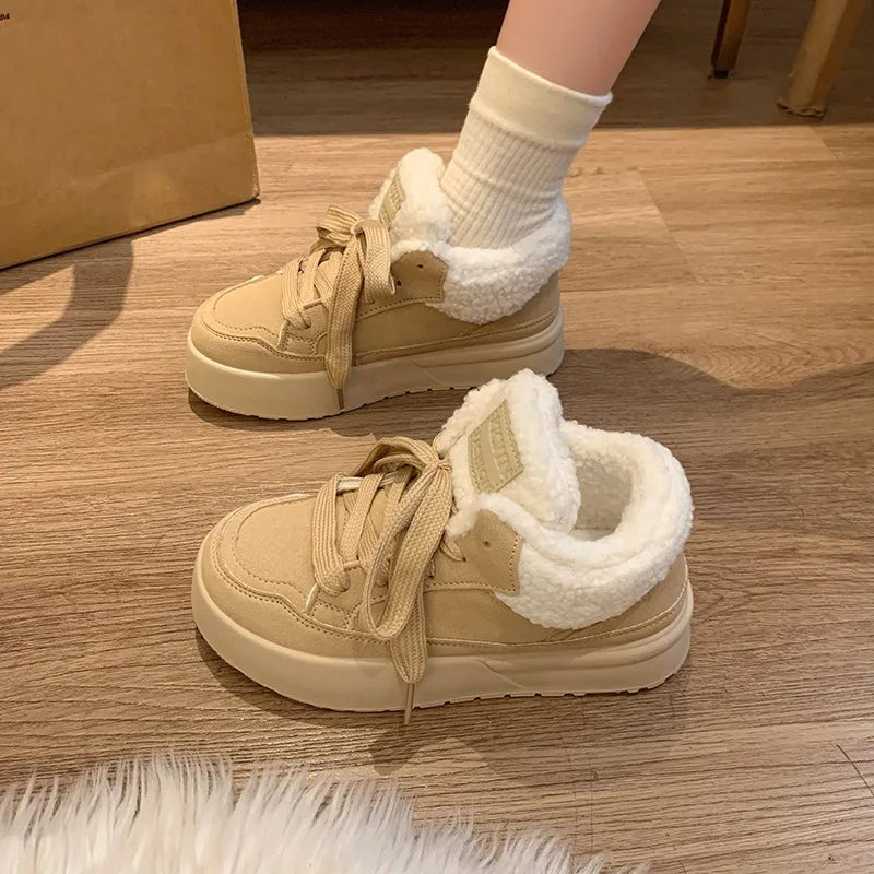Platform Lace - Up Plush Cotton Shoes Women's Winter Outdoor Faux Fur Lined Thickened Anti - Slip Low Top Snow Boots Casual Sneakers - 𝐃𝐔𝐕𝐋𝐀𝐒𝐇𝐎𝐏