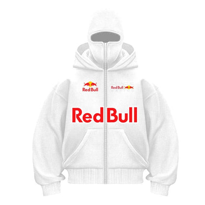 Red Bull Logo Winter Motorcycle Jacket Double Hat Design Loose Fit Windproof Hoodie Ninja Mask Sportswear Versatile Winter Outer - 𝐃𝐔𝐕𝐋𝐀𝐒𝐇𝐎𝐏