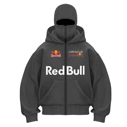 Red Bull Logo Winter Motorcycle Jacket Double Hat Design Loose Fit Windproof Hoodie Ninja Mask Sportswear Versatile Winter Outer - 𝐃𝐔𝐕𝐋𝐀𝐒𝐇𝐎𝐏