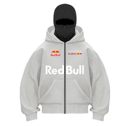 Red Bull Logo Winter Motorcycle Jacket Double Hat Design Loose Fit Windproof Hoodie Ninja Mask Sportswear Versatile Winter Outer - 𝐃𝐔𝐕𝐋𝐀𝐒𝐇𝐎𝐏