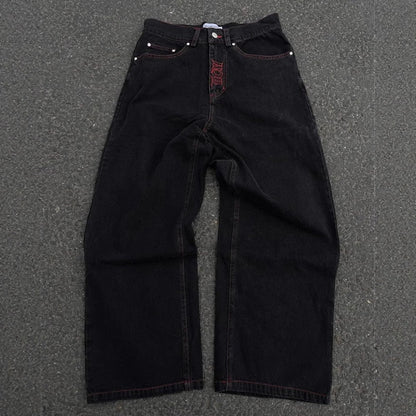 Retro hip - hop goth straight leg loose wide leg skeleton embroidered washed denim jeans for men - 𝐃𝐔𝐕𝐋𝐀𝐒𝐇𝐎𝐏